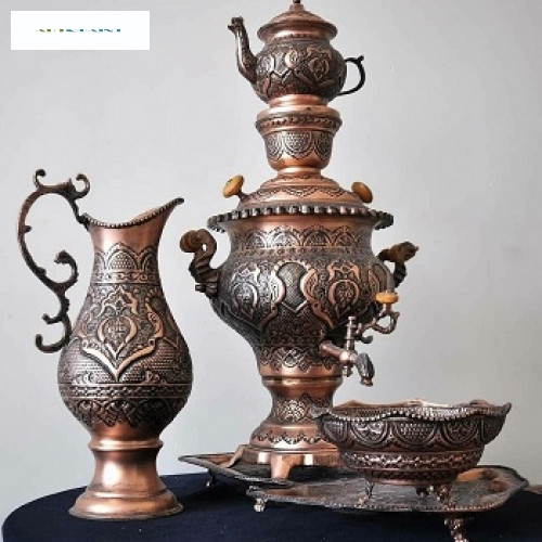 خرید، قیمت و مشخصات سرویس سماور ریز قلم‌ برنجی 5 لیتری، ریز قلم و رنگ کوره ای ثابت | هنرظریف
