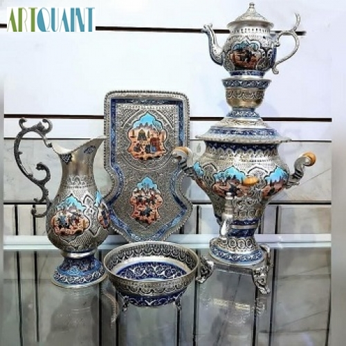 خرید، قیمت و مشخصات ست کامل سماور 3 لیتری برنجی قلمزنی مینیاتوری، با روکش نقره و نقاشی دست، زیر قیمت بازار | هنرظریف