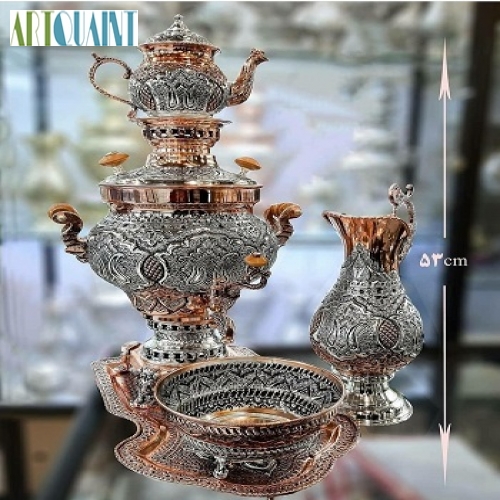 خرید، قیمت و مشخصات سرویس کامل سماور روکش نقره ریز قلم ۳.۵ لیتری، رنگ ثابت و با کیفیت | هنرظریف