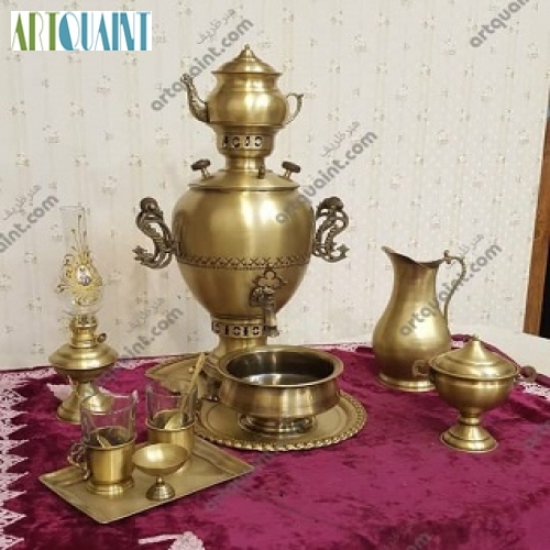 خرید، قیمت و مشخصات سرویس سماور برنجی 5 لیتری مدل آناناسی، ورق با کیفیت بسیار بالا | هنرظریف