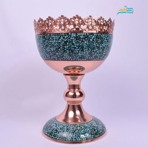 خرید، قیمت و مشخصات آجیل خوری مسی سایز 30 فیروزه کوبی با روکش پلی استر و فیروزه اصل نیشابور | هنرظریف