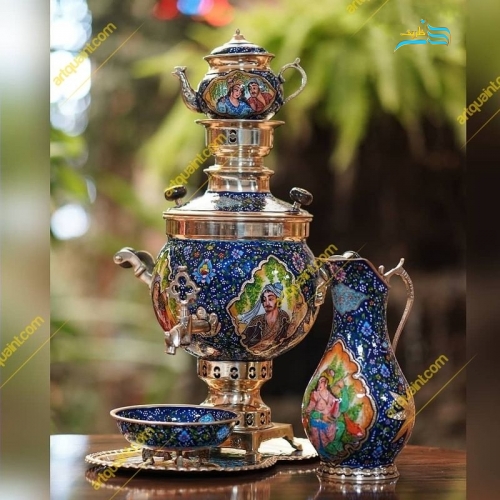 خرید، قیمت و مشخصات سرویس 5 تکه سماور برنجی با نقاشی مینیاتوری، بدنه ضخیم، زیر قیمت بازار  | هنرظریف