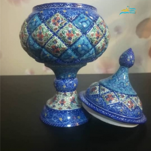 خرید، قیمت و مشخصات قندان میناکاری با طرحی بسیار زیبا و شیک، از جنس مس با کیفیت و با دوام | هنرظریف