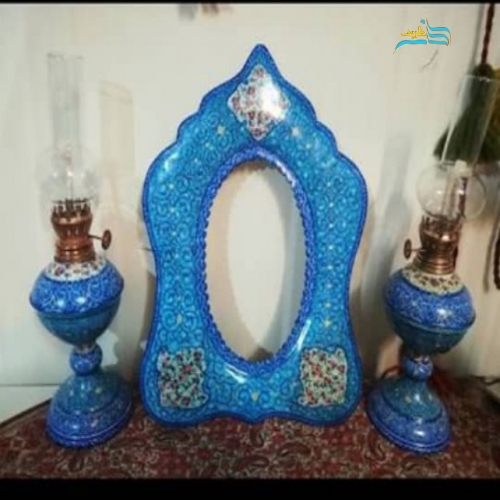 خرید، قیمت و مشخصات آینه و شمعدان میناکاری بسیار خوش ساخت، از جنس مس لعاب شده | هنرظریف