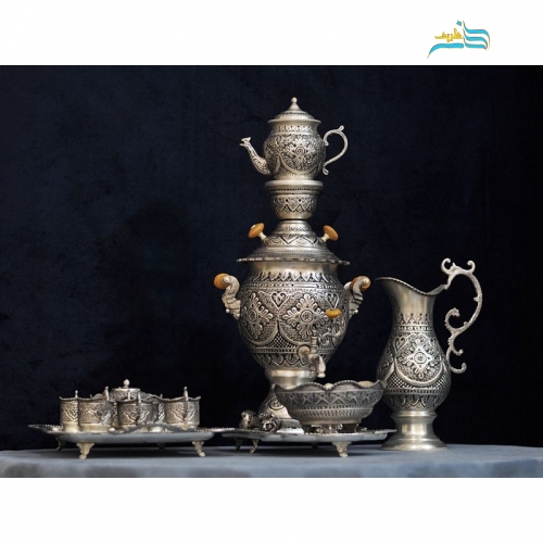 خرید، قیمت و مشخصات سرویس 5 تکه سماور و چای خوری برنجی روکش نقره قلمزنی 4 لیتری با ضمانت نامه معتبر | هنرظریف
