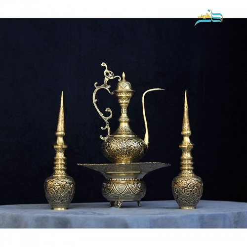 خرید، قیمت و مشخصات تنگ شاخدار و آفتابه لگن قلم زنی اعلاء برنجی با پوشش کوره ای با ضمانت نامه معتبر | هنرظریف