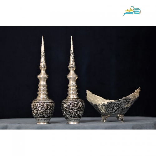 خرید، قیمت و مشخصات ست تنگ شاخدار و کشکول قایقی برنجی قلمزنی با روکش نقره کوره و رنگ ماندگار، زیر قیمت بازار | هنرظریف