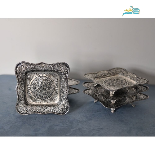 خرید، قیمت و مشخصات سرویس پذیرایی قلمزنی برنجی با آبکاری نقره و سیاه قلم و دارای روکش کوره ای | هنرظریف