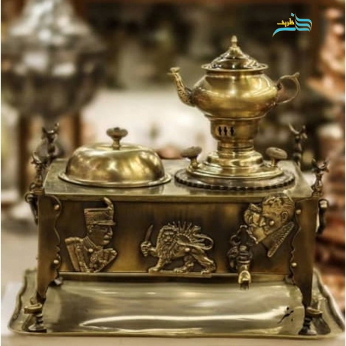 خرید، قیمت و مشخصات منقل سماوری برنجی آنتیک شده با سینی و قوری، ورق ضخیم بسیار با کیفیت | هنرظریف