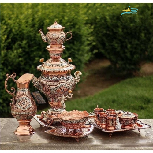 خرید، قیمت و مشخصات سرویس کامل سماور 4 لیتری برنجی قلمزنی ریزه اعلاء با آبکاری مس و نقره، سیاه قلم | هنرظریف