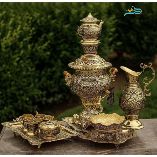 خرید، قیمت و مشخصات سرویس کامل سماور برنجی و چایخوری قلمزنی 4 لیتری، زیر قیمت بازار | هنرظریف