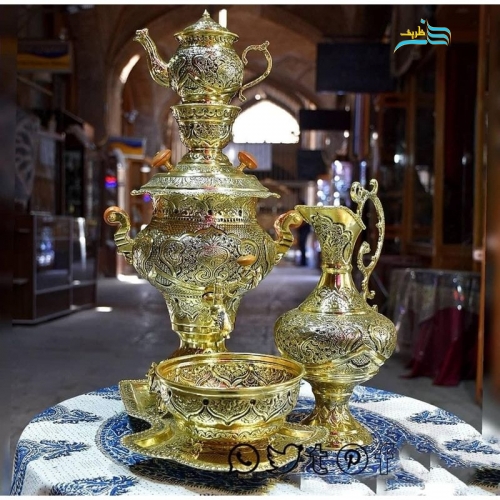 خرید، قیمت و مشخصات سرویس سماور برنجی دکوری با قلم زنی گل و مرغ و ضمانت نامه معتبر | هنرظریف