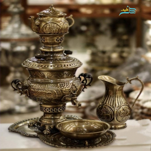 خرید، قیمت و مشخصات سرویس سماور زغالی ٤ لیتری نانو شده ریز قلم با ورق ضخیم برنجی، زیر قیمت بازار | هنرظریف