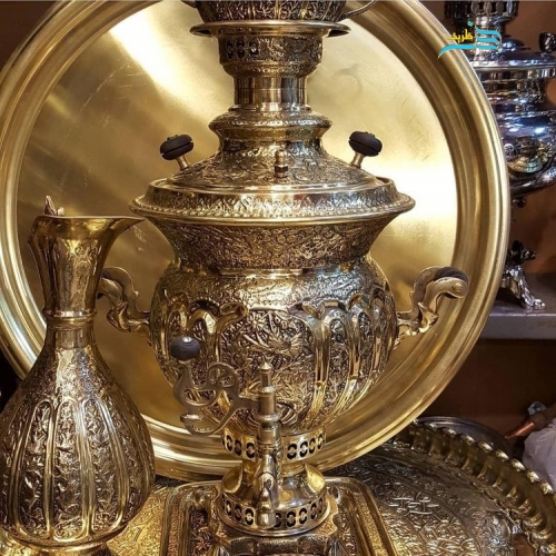 خرید، قیمت و مشخصات سرویس سماور زغالی برنجی خورشیدی، رنگ طلایی، قلم دست اعلاء با ضمانت نامه معتبر | هنرظریف