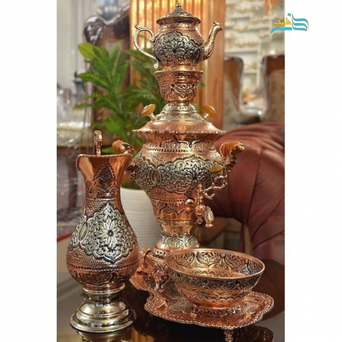 خرید، قیمت و مشخصات سرویس سماور برنجی با آبکاری کوره ای مس و نقره و سیاه قلم، رنگ ثابت | هنرظریف