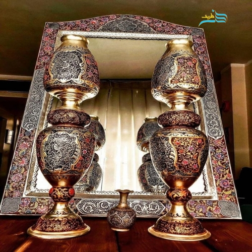 خرید، قیمت و مشخصات آینه شمعدان برنجی ریز قلم با روکش نقره، محصولی خاص و بی نظیر | هنرظریف