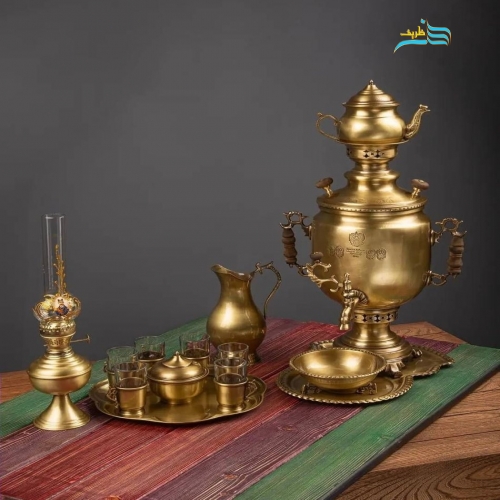 خرید، قیمت و مشخصات سرویس سماور زغالی 6 لیتری برنجی با چایخوری و چراغ سنتی به قیمت تولیدی | هنرظریف