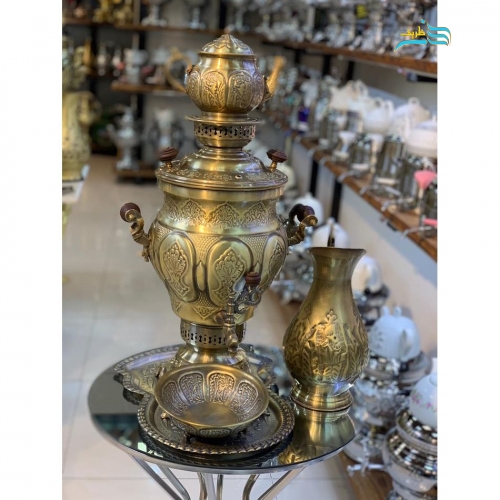 خرید، قیمت و مشخصات سرویس سماور زغالی برنجی 6 لیتری با ورق ضخیم آنتیک شده به قیمت تولیدی | هنرظریف