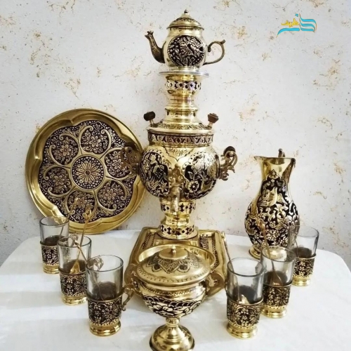 خرید، قیمت و مشخصات سرویس سماور زغالی 3 لیتری توپی، دسته توری، طرح گل و مرغ به قیمت تولیدی - هنرظریف