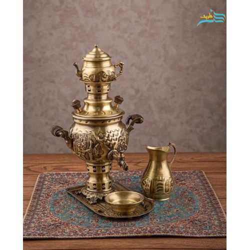 خرید، قیمت و مشخصات سرویس سماور زغالی برنجی قلمزنی 1 لیتری نانو شده - هنرظریف
