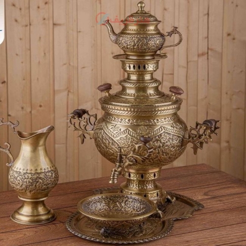 مشخصات، خرید و قیمت ست سماور زغالی برنجی قلمزنی 6 لیتری قلم گل و مرغ - هنرظریف