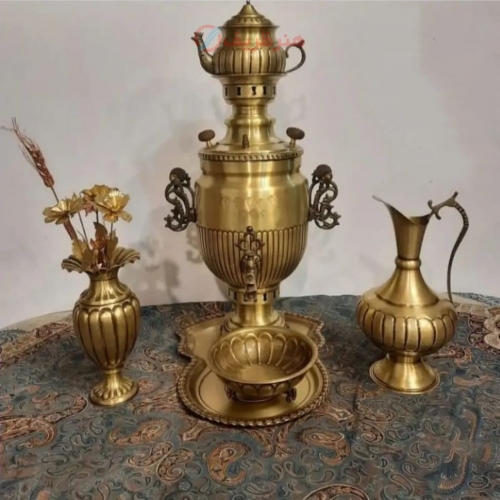 خرید و قیمت سرویس سماور برنجی ذغالی 6 لیتری با ورق ضخیم مدل نیم نظر به قیمت تولیدی - هنرظریف