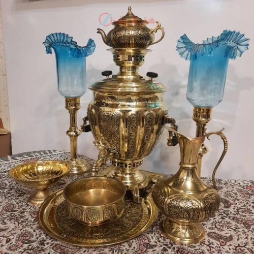خرید و قیمت سرویس سماور زغالی برنجی 7 لیتری، قلم دست اعلاء زیر قیمت بازار - هنرظریف