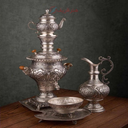 خرید و قیمت سرویس سماور برنجی 3.5 لیتری، روکش نقره با قمزنی ریزه، به قیمت تولیدی - هنرظریف