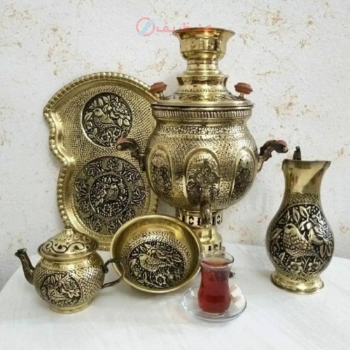 خرید و قیمت سرویس سماور زغالی برنجی 6 لیتری مدل توپی قلم دست طرح گل و مرغ - هنرظریف