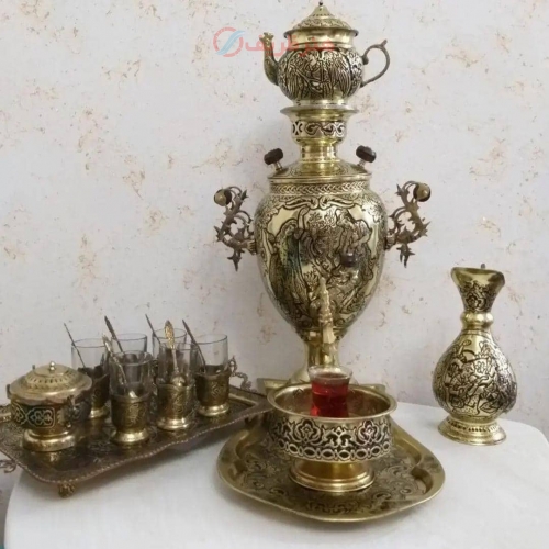 خرید و قیمت سرویس سماور برنجی قلمزنی زغالی 5 لیتری، مدل آناناسی دسته توری - هنرظریف