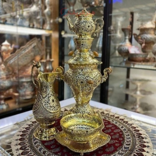 خرید و قیمت سرویس سماور دکوری برنجی قلمزنی 3 لیتری با ورق 1.5 میلیمتر، 7 سال ضمانت - هنرظریف
