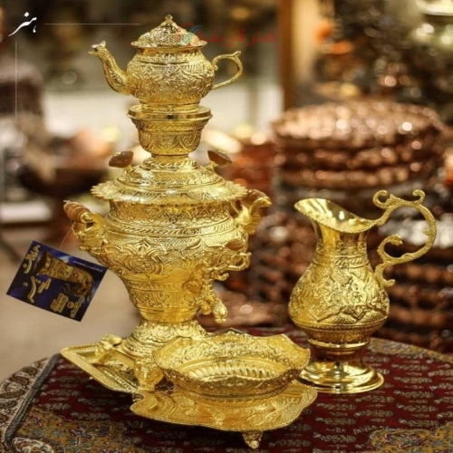 سماور دکوری - سرویس سماور ٣ لیتری برنجی قلمزنی با آبکاری شبه طلا، روکش کوره ای و رنگ ثابت - هنرظریف