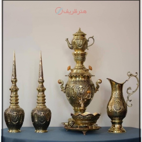 خرید و قیمت سرویس سماور 6 لیتری برنجی قلمزنی طرح اسلیمی و تنگ شاخدار 300 مثقالی - هنرظریف