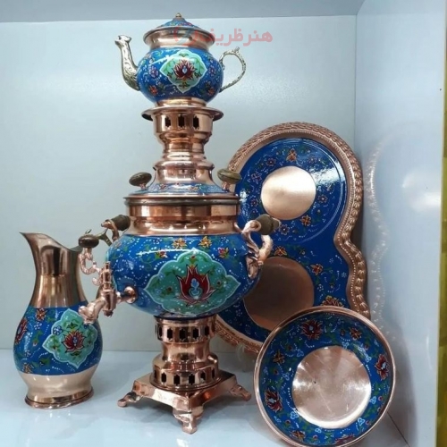 خرید و قیمت سرویس سماور مسی 5 لیتری با نقاشی دست و روکش پلی استر و رنگ ثابت - هنرظریف