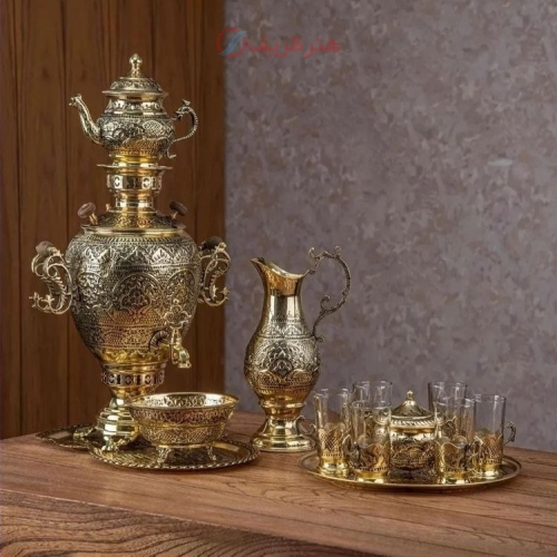 سرویس سماور برنجی 5 لیتری قلمزنی اسلیمی با آبکاری طلایی و روکش کوره ای - هنرظریف