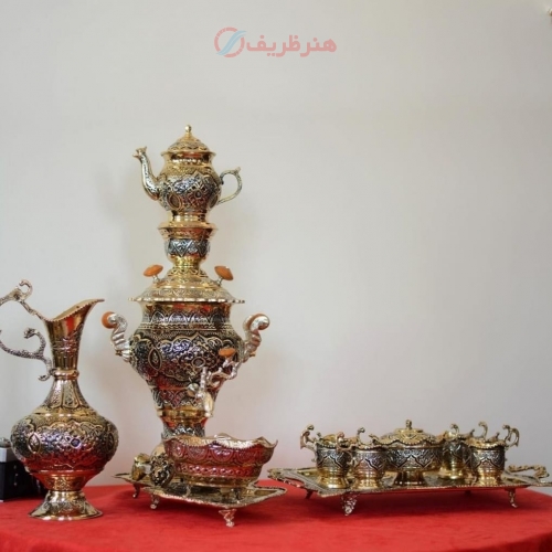 خرید و قیمت سرویس سماور برنجی تزئینی 4 لیتری و چایخوری قلمزنی اعلاء طرح اسلیمی - هنرظریف