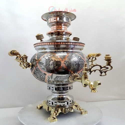 خرید و قیمت سماور مسی زغالی ۶ لیتری، مدل توپی کنده کاری مینیاتوری با کیفیت عالی و صادراتی - هنرظریف