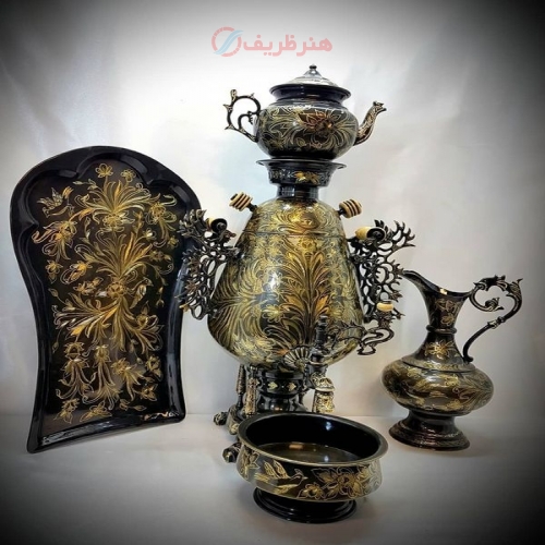 خرید و قیمت سماور زغالی برنجی ۶ لیتری مدل جام با سرویس ۴ تیکه ی خاص - هنرظریف