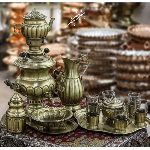 خرید و قیمت سرویس سماور ٢.٥ لیتری برنجی زغالی لبه دار، آنتیک شده - هنرظریف