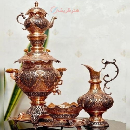 سماور زغالی + مشخصات کامل سرویس سماور قلمزنی مسی ٤/٥ لیتری زغالی و برقی - هنرظریف
