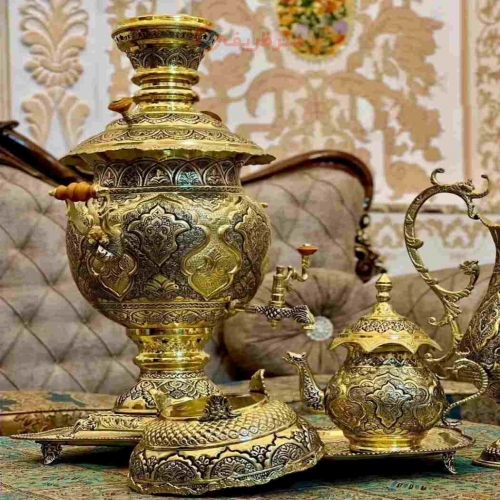 سماور زغالی + خرید و قیمت سرویس سماور قلمزنی زغالی، برنجی 8 لیتری - هنرظریف