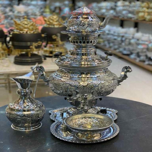 خرید و قیمت جدیدترین سرویس کامل سماور برنجی گازی 8 لیتری با رنگ ثابت - هنرظریف