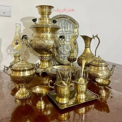 خرید، قیمت و مشخصات سرویس 15 تکه سماور زغالی برنجی 4 لیتری به صورت مستقیم از تولیدی | هنرظریف