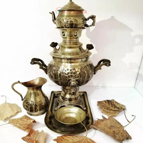 خرید، قیمت و مشخصات ست سماور ذغالی برنجی 1 لیتری، قلم کاری شده با کیفیت، برنج اصل با ضمانت | هنرظریف