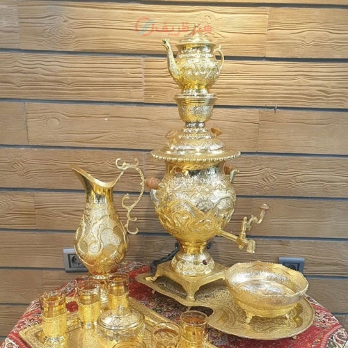 خرید، قیمت و مشخصات سرویس سماور برقی برنجی 6 لیتری با روکش آب طلا، همراه چایخوری قلم دست، قیمت تولیدی | هنرظریف