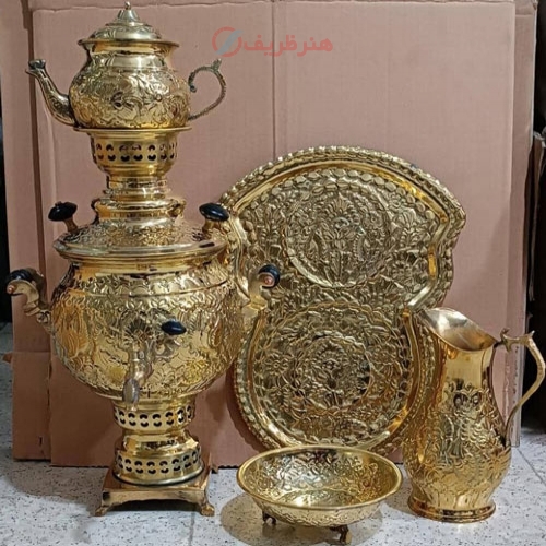 خرید، قیمت و مشخصات سرویس سماور زغالی 4 لیتری برنجی، با قلم زنی علاء، سنگین وزن به قیمت تولیدی | هنرظریف
