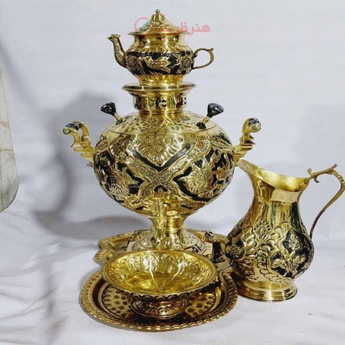 خرید، قیمت و مشخصات سرویس سماور 6 لیتری، جهان نما ذغالی، قلم زنی گل و مرغ طلایی رنگ ثابت، با ورق ضخیم | هنرظریف