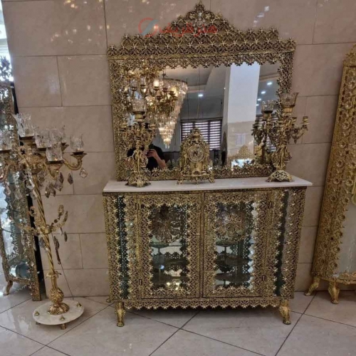 خرید، قیمت و مشخصات آینه کنسول ویترین دار روکش برنز ، مدل نیلوفر، آلومینیوم درجه 1، ورق ضخیم، با ضمانت کیفیت کالا | هنرظریف