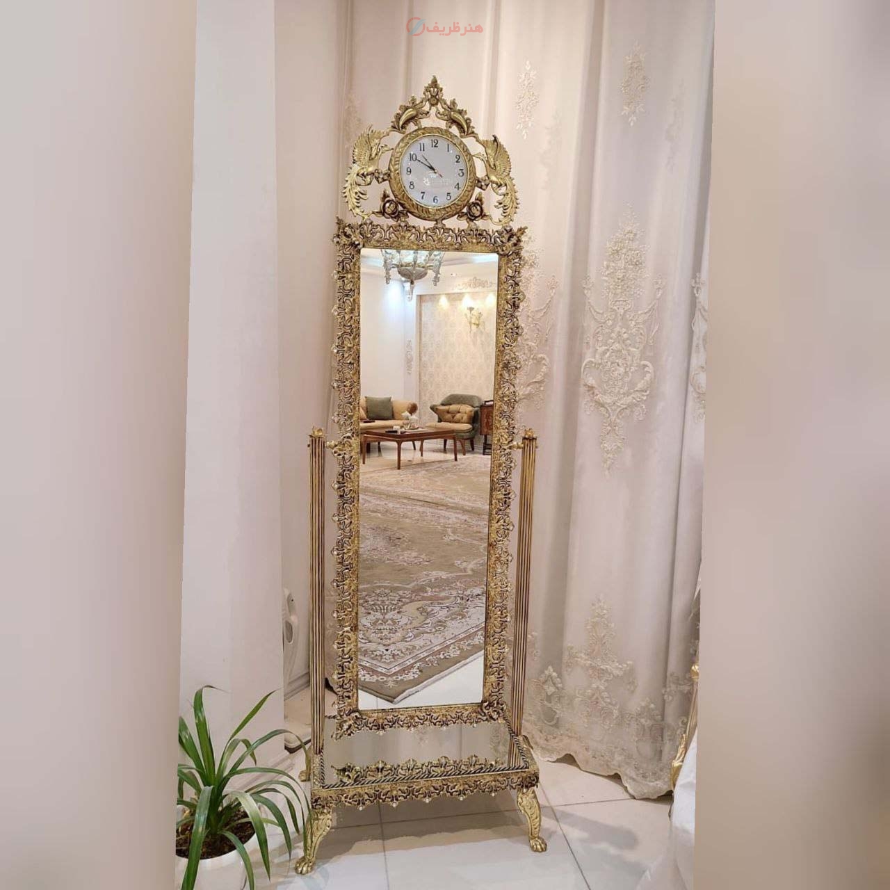 مشخصات، قیمت و خرید آینه قدی متحرک ساعت دار، جنس آلیاژ آلومینیوم، آبکاری برنز، به قیمت تولیدی | هنرظریف