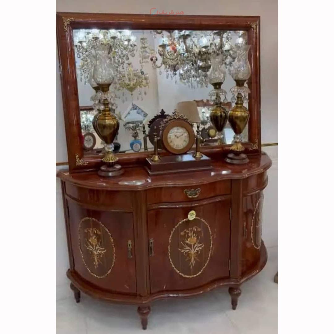 خرید، قیمت و مشخصات آینه کنسول چوبی سه در پایه خراطی، طول 90 ارتفاع 160 عرض ۴۵ چوب روس، روکش کاواز | هنرظریف